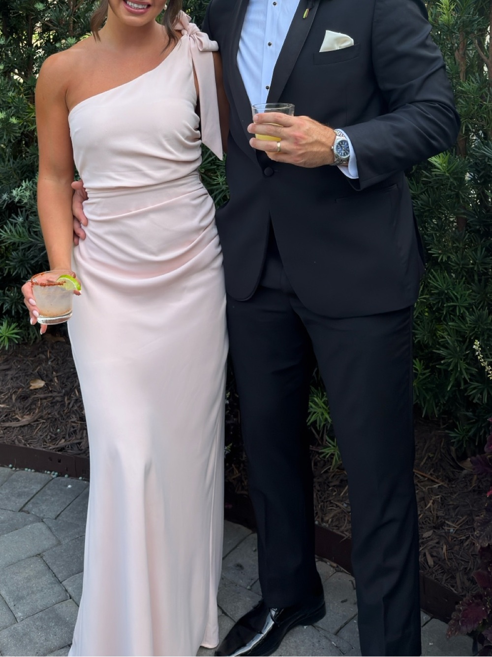 One-Shoulder Blush Pink Satin Formal Gown with Bow